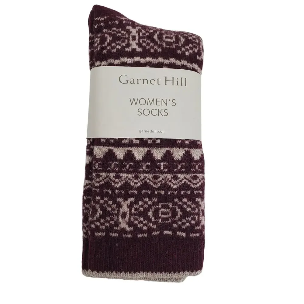 Garnet Hill Fair Isle Socks 9-11 Warm Wool Cashmere Blend Soft Crew Maroon Cream